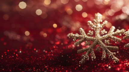 Poster - A silver snowflake sits atop red glitter with blurred red and gold lights in the background.