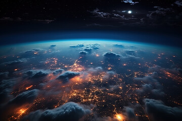 Wall Mural - Futuristic city aerial view at night. Structure of sci-fi metropolis with neon lights from the bird view