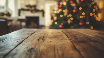 Poster - A rustic wooden table is prominently displayed in a cozy indoor space, adorned with a beautifully decorated Christmas tree in the background, illuminated by gentle, warm lights.