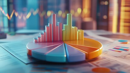 Poster - Colorful 3D Pie Chart and Bar Graphs on Table Surrounded by Financial Reports and Charts in Office Environment at Night with City Skyline in Background