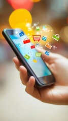 Poster - Customer using smartphone for online shopping with colorful icons floating from the screen, representing e commerce and online payment for fast delivery