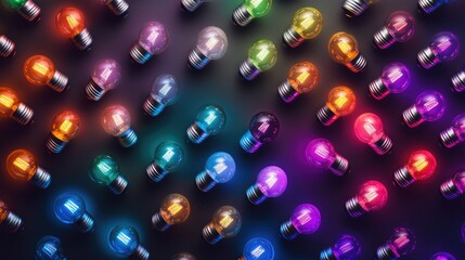 Poster - Colorful Arrangement of Vintage Light Bulbs with a Radiant Glow Set Against a Dark Background, Creating a Whimsical and Artistic Display of Illumination