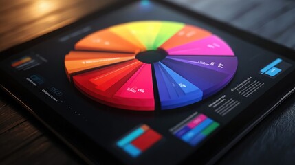 Poster - Vibrant Data Visualization on Digital Tablet Displaying Colorful Pie Chart with Various Segments Representing Statistics and Analytical Insights for Business Use
