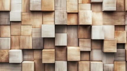 Poster - A close-up of a wall made of various sized wooden cubes. The cubes are arranged in a random pattern and create a textured surface. The wood has a natural, warm color.
