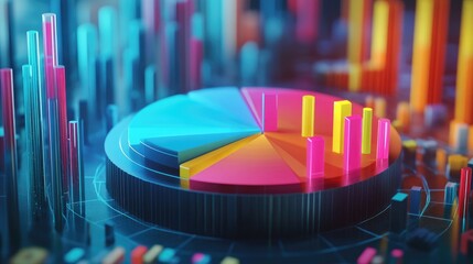 Poster - Colorful 3D Pie Chart and Bar Graphs Representing Data Trends and Analysis in a Vibrant Digital Environment for Effective Business Insights and Presentations