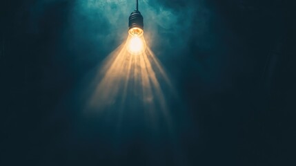 Poster - Bright Light Bulb Illuminating Dark Room With Soft Smoke Effect Creating Dramatic Atmosphere For Artistic Visuals And Creative Backgrounds In Stock Photography