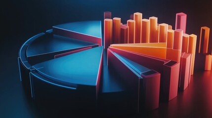 Poster - Modern 3D Pie Chart and Bar Graph Visualizations with Colorful Gradients on a Dark Background for Data Analysis and Presentation