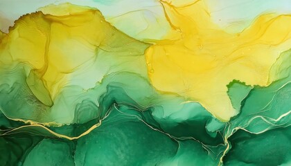 Poster - Abstract Green and Yellow Flowing Watercolor Texture with Contour Lines. Nature Inspired Fluid Art Background for Eco Friendly Branding, Calm Spaces, or Organic Themed Visuals