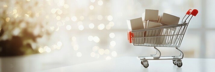 Aufkleber - Miniature shopping cart full of cardboard boxes is standing on a white table with bokeh effect lights in the background, representing the concept of online shopping and e commerce