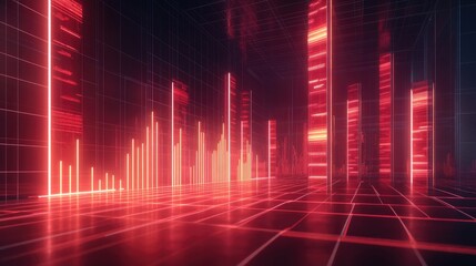 Poster - Abstract digital data visualization in a futuristic environment with glowing red bars and grid lines representing data analysis and technology trends
