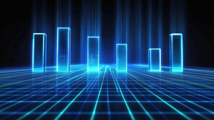 Poster - Futuristic Neon Blue 3D Bar Graph in Dark Space with Glowing Lines and Data Visualization Concept Representing Growth and Technology Innovation