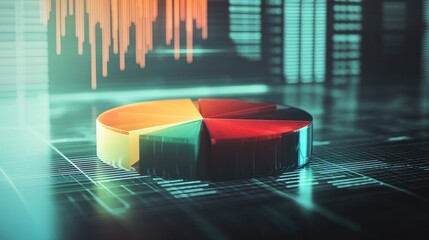 Poster - Colorful 3D Pie Chart Displayed on Digital Graph Background with Abstract Data Visualization Elements for Business Analysis and Financial Reports