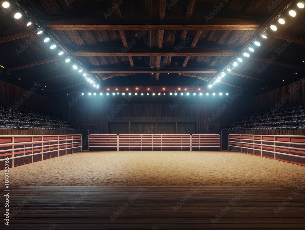 Illuminated rodeo arena with empty bleachers showcasing the ...