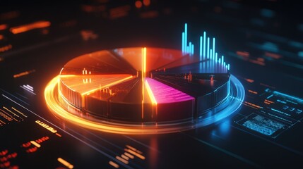 Poster - Futuristic Pie Chart Visualization with Neon Colors for Data Analysis in Digital Environment Featuring Dynamic Graph Elements and Abstract Design