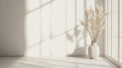 Poster - A white vase with dried pampas grass stands on a windowsill in front of a white wall, with sunbeams streaming through the window.