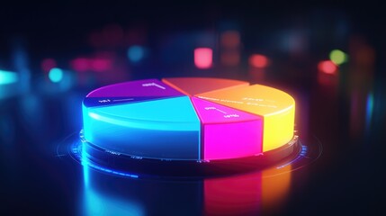 Poster - Colorful Neon Pie Chart on a Dark Background Representing Data Visualization and Analysis in a Modern and Sleek Style, Ideal for Business Presentations and Marketing Materials