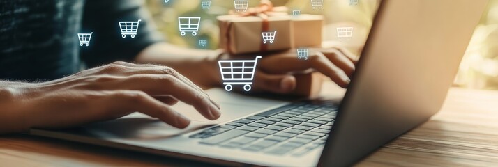 Poster - Shopper using laptop for online shopping and e commerce, browsing products and adding to virtual cart, completing purchase and arranging delivery for gifts