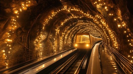 Poster - Illuminated Tunnel with a Train Approaching at Night, Features Glowing Lights and Rock Walls, Captures the Magic of Underground Transportation in an Enchanting Setting