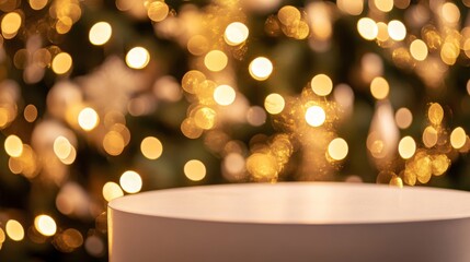 Poster - A white platform sits in the foreground, with a blurred background of golden Christmas lights.