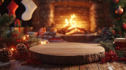 Poster - A rustic wooden tabletop sits in front of a cozy fireplace, surrounded by festive Christmas decorations.
