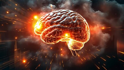 Poster - Explosive brain illustration depicting neural connections and creativity amidst a fiery backdrop