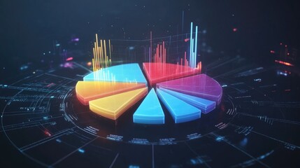 Poster - Futuristic Data Visualization with Colorful Pie Chart and Dynamic Graphs Representing Analytical Insights and Growth Trends in a Digital Environment