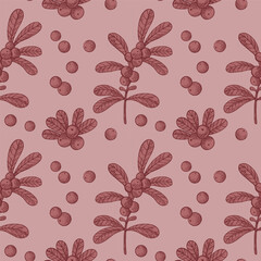 Wall Mural - Hand drawn vector seamless pattern with Cranberry. Engraving repeating background with northern cranberry plant, berries, branch, fruits. Floral motif for design label, card, print, wrapping, paper