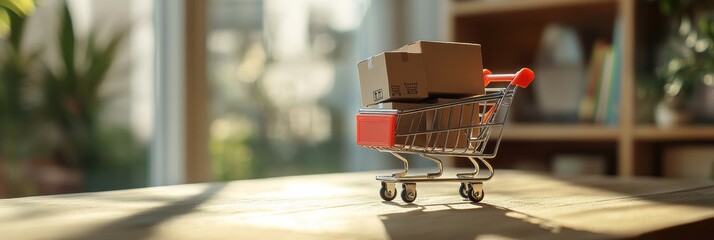 Poster - Small shopping cart with cardboard boxes representing the concept of online shopping, e commerce, and delivery in a brightly lit home setting