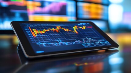 Poster - Financial Market Analysis with Graphical Data Representation on Digital Tablet in Professional Office Environment, Showing Stock Trends and Trading Activity