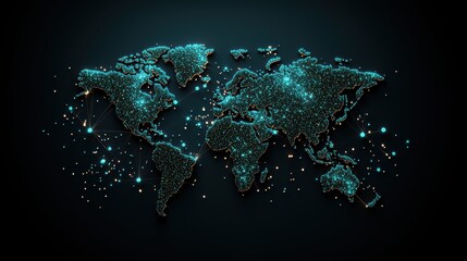 Poster - An abstract representation of global networks as a web of interconnected points and lines, with continents outlined in glowing light.
