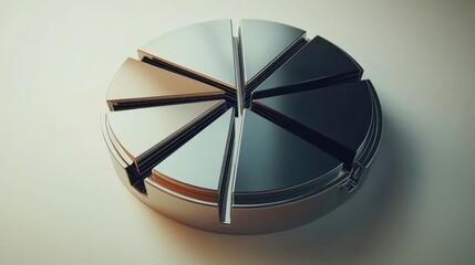 Poster - Abstract Three-Dimensional Pie Chart Design with Metallic Finish, Segments Emphasizing Data Visualization, Business Concepts, and Digital Technology, Creative Conceptual Art
