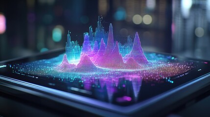 Poster - Vibrant Abstract 3D Visualization of Data and Sound Waves Overlaid on a Futuristic Digital Screen for Technology and Innovation Concepts