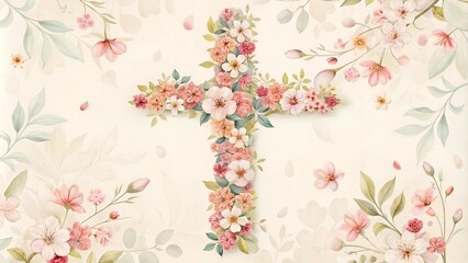  Floral cross design with pastel flowers on a soft background and copy space