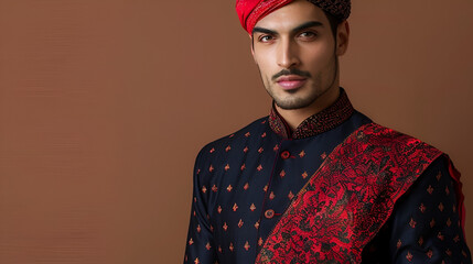 An desi male fashion model poses for a picture in a sherwani or traditional attire, such as a kurta or pajama.