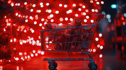 Wall Mural - A supermarket trolley brimming with Christmas sales decorations, set against a backdrop festive red lights, capturing the holiday shopping spirit.