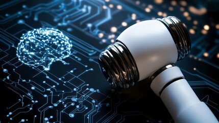 Aufkleber - A white gavel lies on a circuit board with a glowing digital brain in the background.