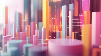 Poster - Colorful Abstract Visualization of Data and Statistics Represented Through 3D Bar Charts and Cylinders in a Dynamic Digital Environment