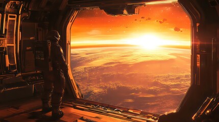 Poster - Astronaut Gazing at Earth from Futuristic Space Station During Sunrise, Science Fiction Exploration Art, Cosmic Adventure, Digital Illustration