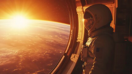 Poster - Astronaut Gazing at Earth from Futuristic Space Station During Sunrise, Science Fiction Exploration Art, Cosmic Adventure, Digital Illustration