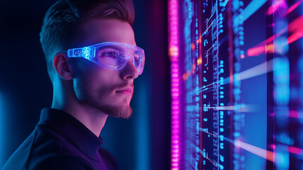 focused individual wearing futuristic glasses examines digital data on screen