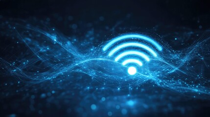 Poster - Abstract Representation of Wireless Technology with Blue Wi-Fi Signal in a Digital Environment Featuring Network Connectivity and Data Transmission Concepts