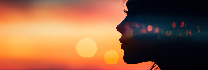 Wall Mural - Silhouette of a woman with a sunset background, looking to the right.