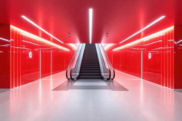 Poster - Modern Escalator in Red and White Interior