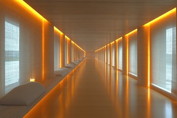 Poster - Modern Interior Corridor with Warm Lighting and White Cushions