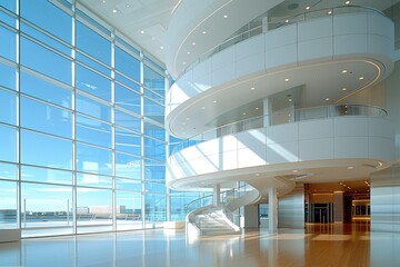 Poster - Modern Interior with Curved Staircase and Cityscape View