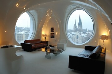Poster - Modern Interior Design with Cityscape Views Through Oval Windows