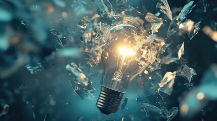 Poster - Shattered Light Bulb Glowing in Dark with Flying Glass Fragments, Symbolizing Ideas, Breakthroughs, and Creative Energy in Dynamic Background