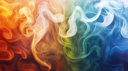 Poster - Colorful swirls of vibrant smoke flowing gracefully in an abstract composition showcasing shades of orange, yellow, green, blue, and white on a dark backdrop