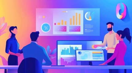 Aufkleber - Business Team Analyzing Market Differentiation and Brand Positioning Strategy with AI Data Visualization in Office Setting, Colorful Charts, Analysis