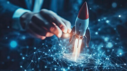 Poster - A hand holding a small rocket model about to launch, with a blue and white background with many connections that represent the internet.